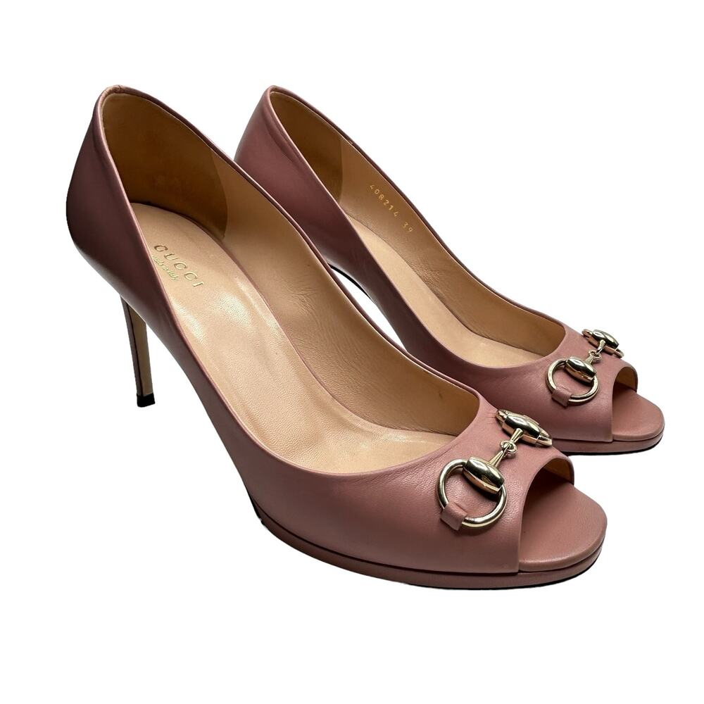 Gucci Horsebit Peep Toe Heels Pumps Size 39 Pink Mauve Stilettos